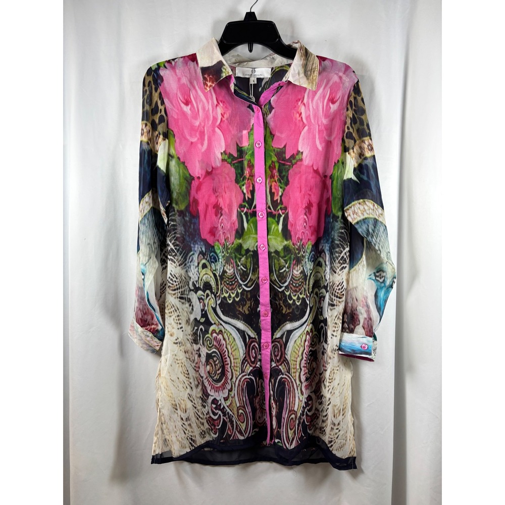 Jean-Pierre Klifa Paris Floral Leopard Paisley Sheer Tunic Button Down S NEW